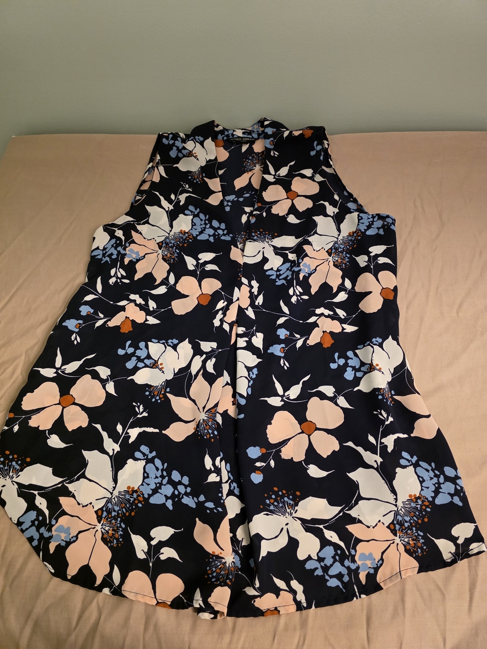 Mario Serrani Navy Floral Sleeveless V-Neck Top with Peach & Light Blue Blooms